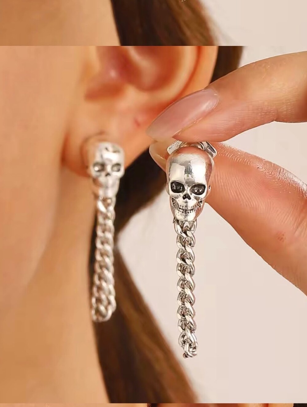 Silver Skull Chain Drop Earrings - Women Jewelry
